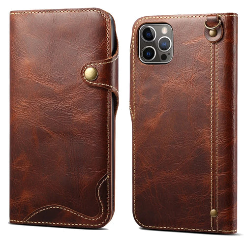 Wallet Phone Shell for iPhone 14 Pro Case Waxy Genuine Cow Leather Cover with Card Slot - Brown - 1