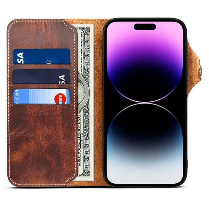 Wallet Phone Shell for iPhone 14 Pro Case Waxy Genuine Cow Leather Cover with Card Slot - Brown - 2