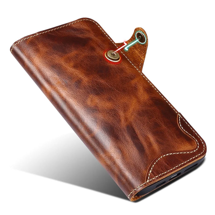 Wallet Phone Shell for iPhone 14 Pro Case Waxy Genuine Cow Leather Cover with Card Slot - Brown - 5