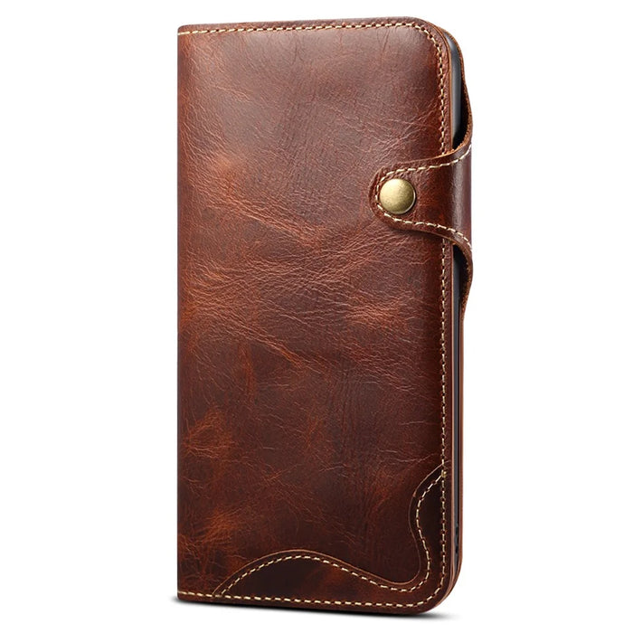 Wallet Phone Shell for iPhone 14 Pro Case Waxy Genuine Cow Leather Cover with Card Slot - Brown - 6