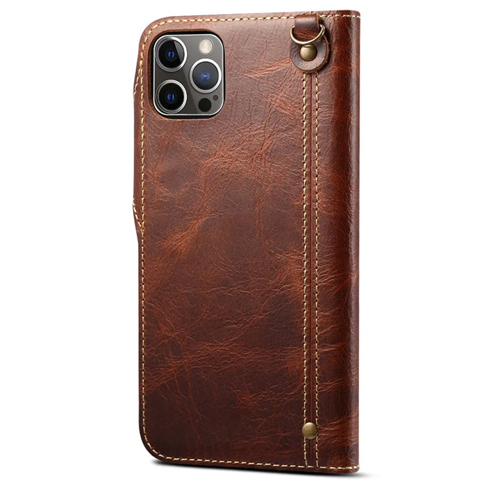Wallet Phone Shell for iPhone 14 Pro Case Waxy Genuine Cow Leather Cover with Card Slot - Brown - 7
