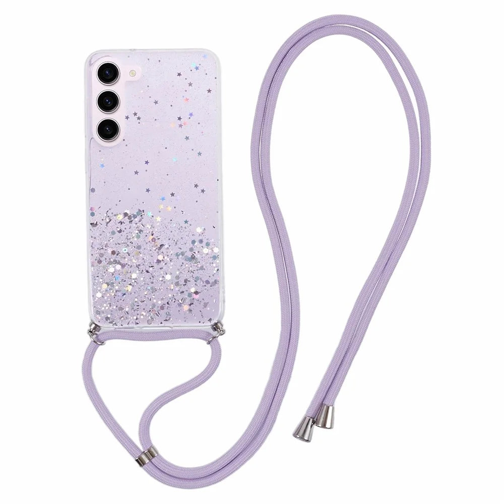 AW Series Sparkle Epoxy TPU Cover for Samsung Galaxy S23 Case with Lanyard Protective Phone Case - Purple - 1