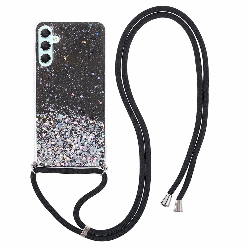 AW Series for Samsung Galaxy A34 5G Case Sparkle Epoxy TPU Back Cover with Lanyard - Black - 1