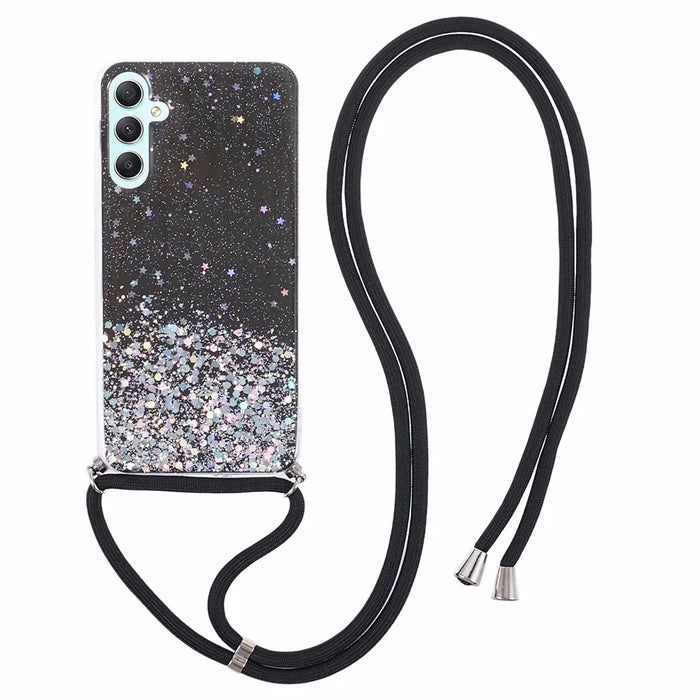 AW Series for Samsung Galaxy A34 5G Case Sparkle Epoxy TPU Back Cover with Lanyard - Black - 1