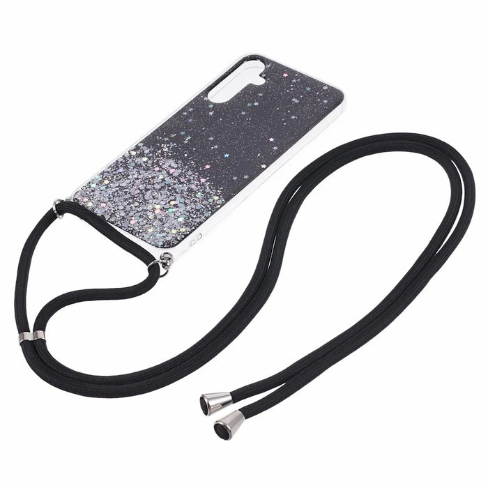 AW Series for Samsung Galaxy A34 5G Case Sparkle Epoxy TPU Back Cover with Lanyard - Black - 2