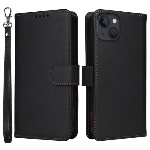 For iPhone 13 Magnetic Case BETOPNICE Detachable PU Leather Phone Cover with Strap - Black - 1