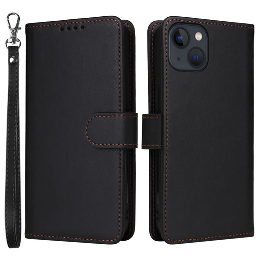 For iPhone 13 Magnetic Case BETOPNICE Detachable PU Leather Phone Cover with Strap - Black - 1