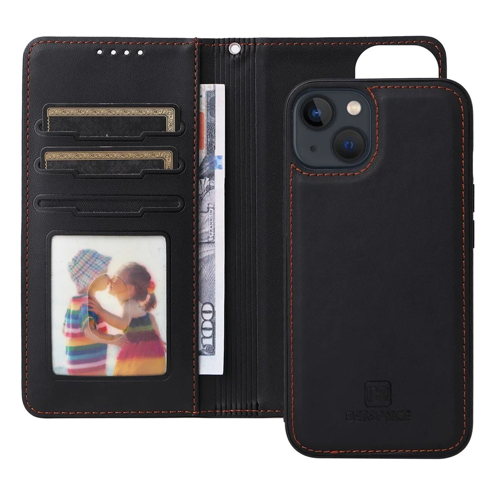 For iPhone 13 Magnetic Case BETOPNICE Detachable PU Leather Phone Cover with Strap - Black - 2