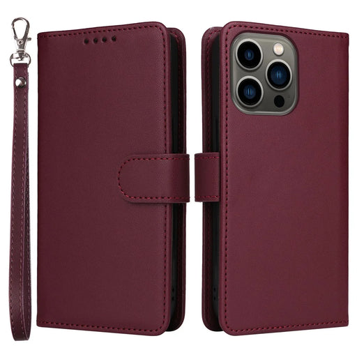 For iPhone 13 Pro Max Magnetic Case BETOPNICE Detachable PU Leather Phone Cover with Strap - Wine Red - 1