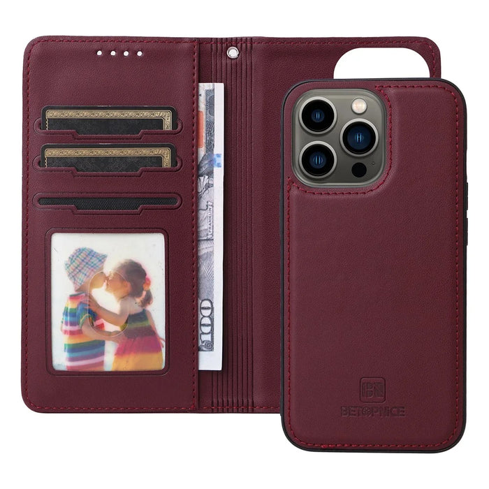 For iPhone 13 Pro Max Magnetic Case BETOPNICE Detachable PU Leather Phone Cover with Strap - Wine Red - 2