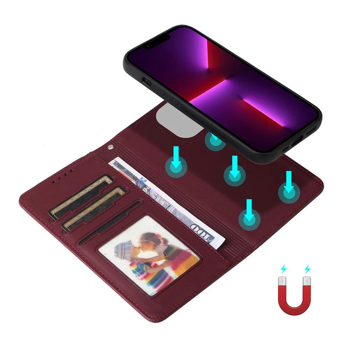 For iPhone 13 Pro Max Magnetic Case BETOPNICE Detachable PU Leather Phone Cover with Strap - Wine Red - 6