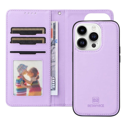 For iPhone 14 Pro Magnetic Case BETOPNICE Detachable PU Leather Phone Cover with Strap - Purple - 2