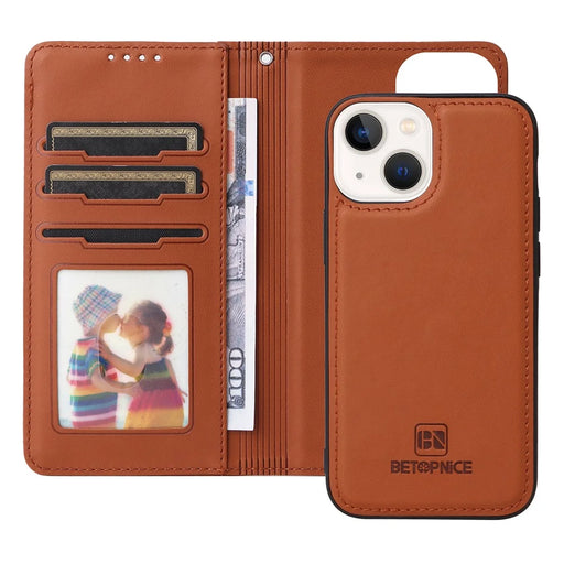 For iPhone 14 Plus Magnetic Case BETOPNICE Detachable PU Leather Phone Cover with Strap - Brown - 2