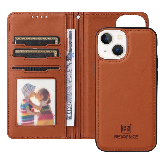For iPhone 14 Plus Magnetic Case BETOPNICE Detachable PU Leather Phone Cover with Strap - Brown - 2