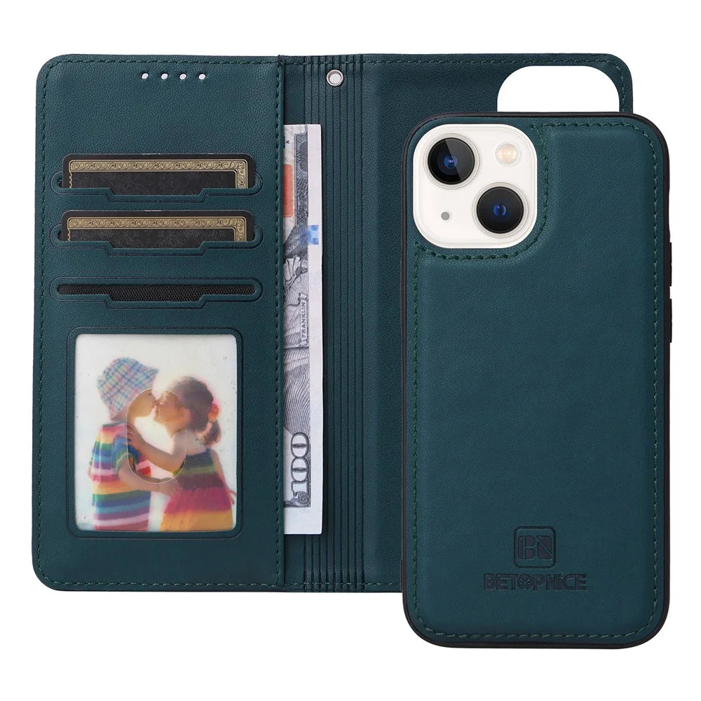 For iPhone 14 Magnetic Case BETOPNICE Detachable PU Leather Phone Cover with Strap - Blue - 2