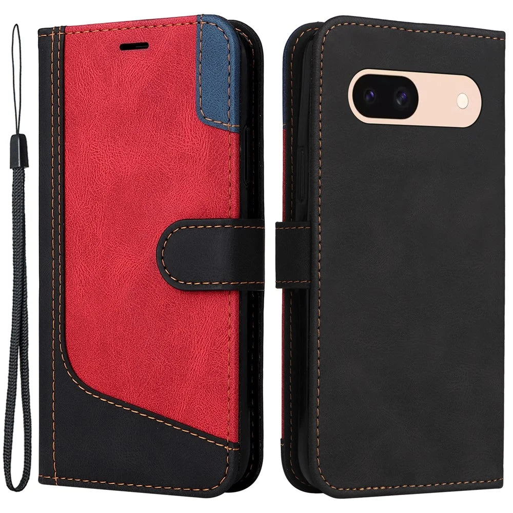 For Google Pixel 8a Case Three-color Splicing Leather Wallet Stand Cover with Strap - Black - 1