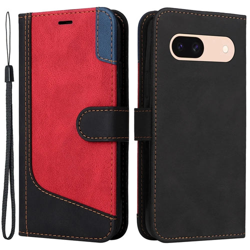 For Google Pixel 8a Case Three-color Splicing Leather Wallet Stand Cover with Strap - Black - 1