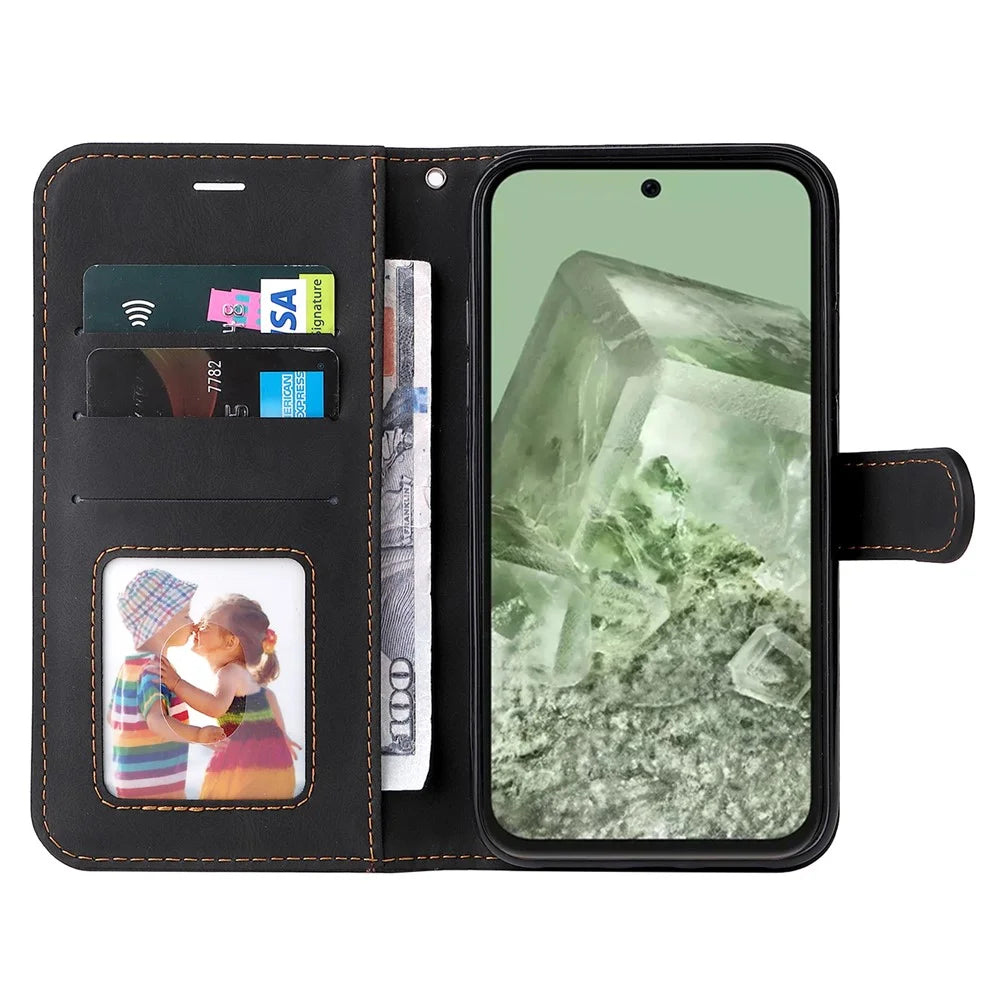 For Google Pixel 8a Case Three-color Splicing Leather Wallet Stand Cover with Strap - Black - 2