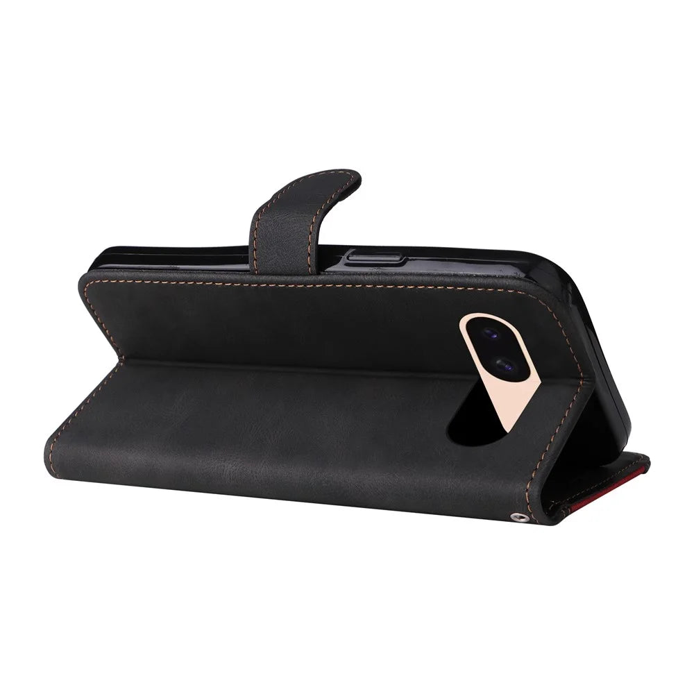 For Google Pixel 8a Case Three-color Splicing Leather Wallet Stand Cover with Strap - Black - 4