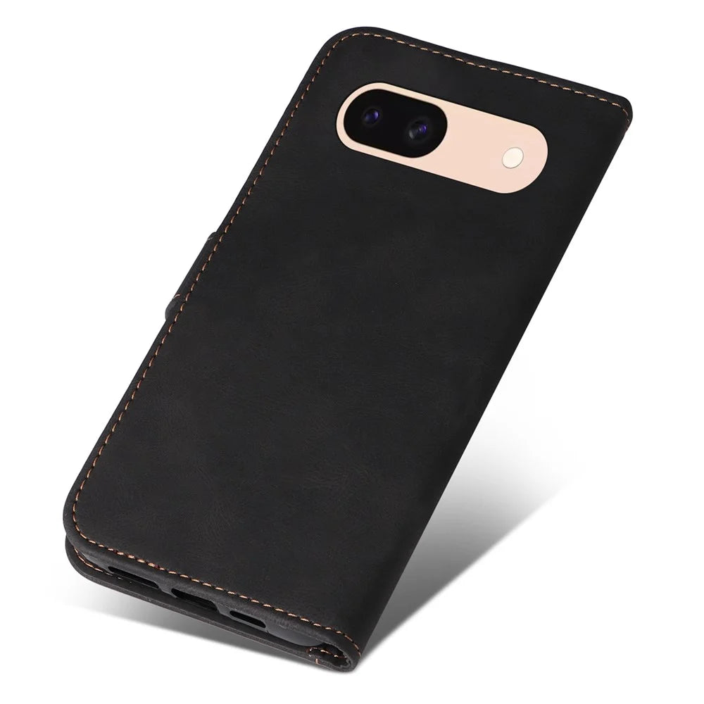 For Google Pixel 8a Case Three-color Splicing Leather Wallet Stand Cover with Strap - Black - 5
