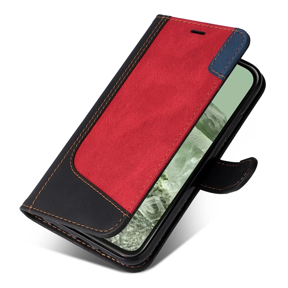 For Google Pixel 8a Case Three-color Splicing Leather Wallet Stand Cover with Strap - Black - 6