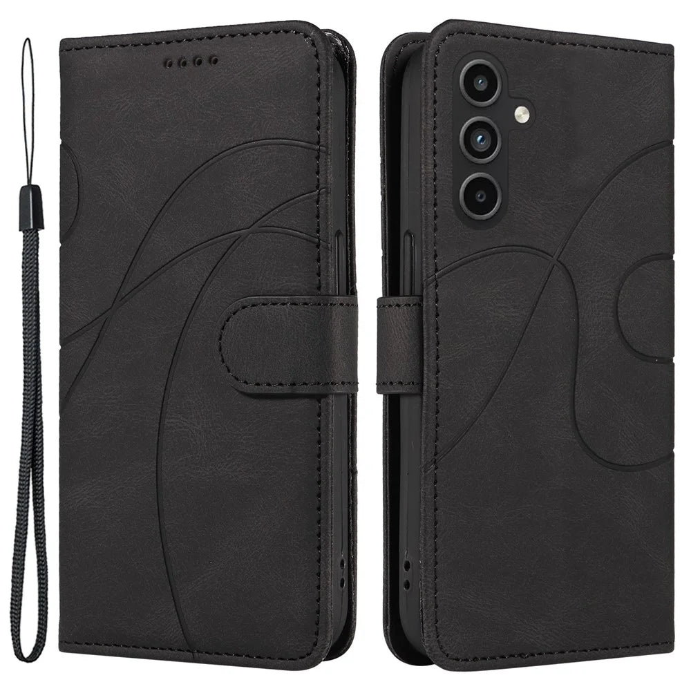 For Samsung Galaxy A15 5G Case Wallet Imprinted Line Leather Phone Cover - Black - 1