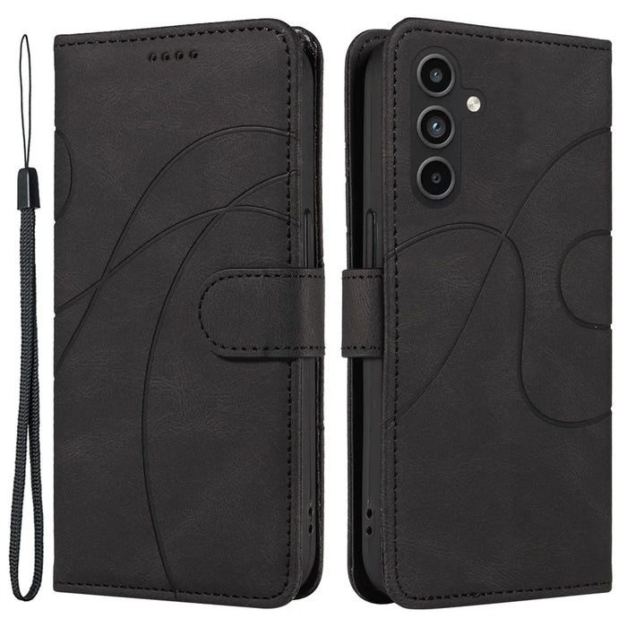 For Samsung Galaxy A15 5G Case Wallet Imprinted Line Leather Phone Cover - Black - 1