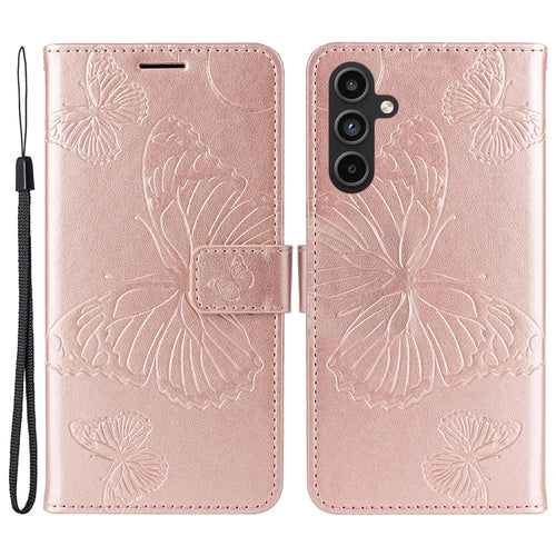 For Samsung Galaxy A15 5G Wallet Case Floral Butterfly Imprinted Leather Phone Cover Stand - Rose Gold - 1