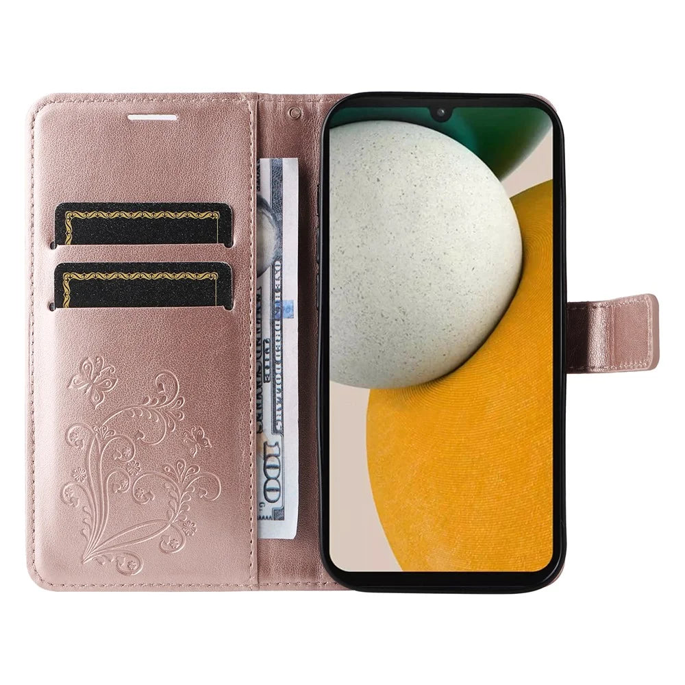 For Samsung Galaxy A15 5G Wallet Case Floral Butterfly Imprinted Leather Phone Cover Stand - Rose Gold - 2
