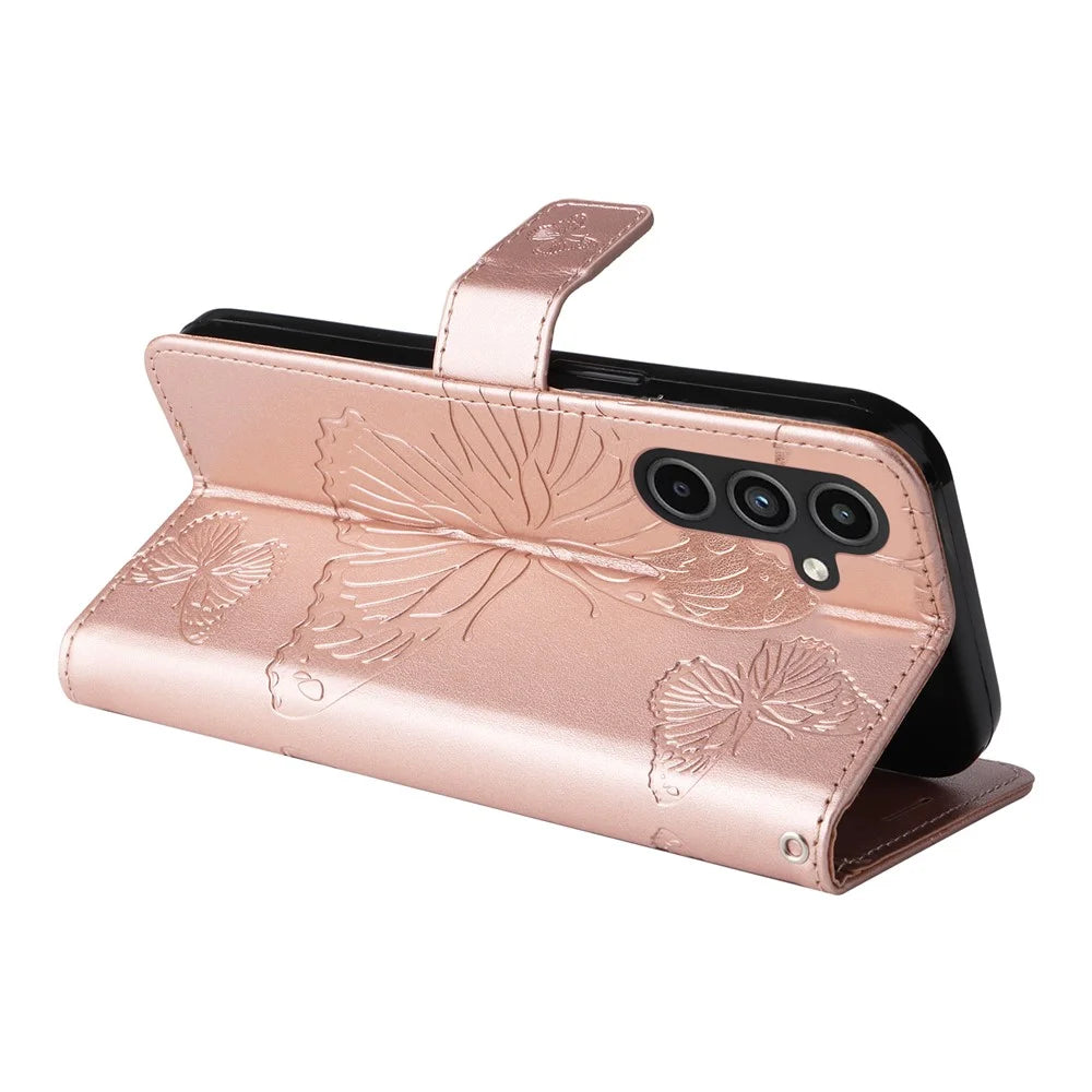 For Samsung Galaxy A15 5G Wallet Case Floral Butterfly Imprinted Leather Phone Cover Stand - Rose Gold - 4