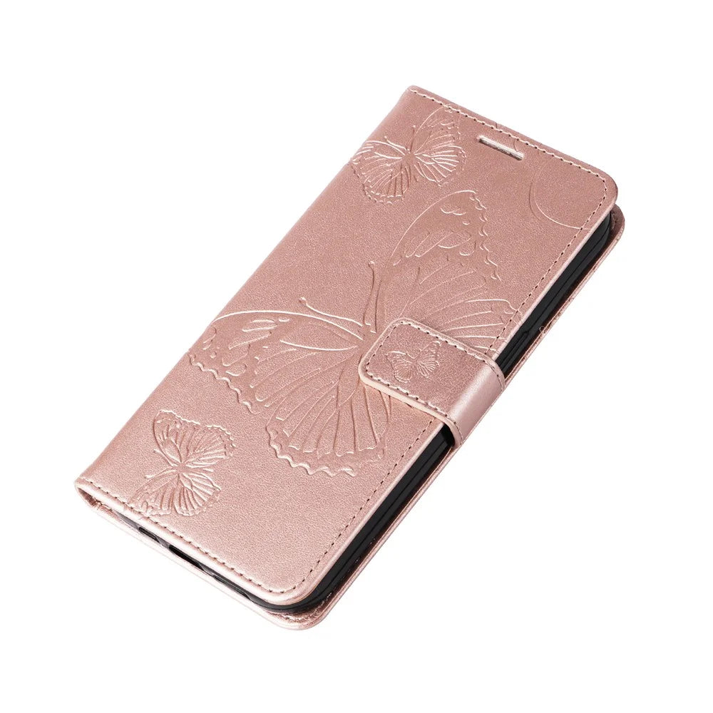 For Samsung Galaxy A15 5G Wallet Case Floral Butterfly Imprinted Leather Phone Cover Stand - Rose Gold - 5