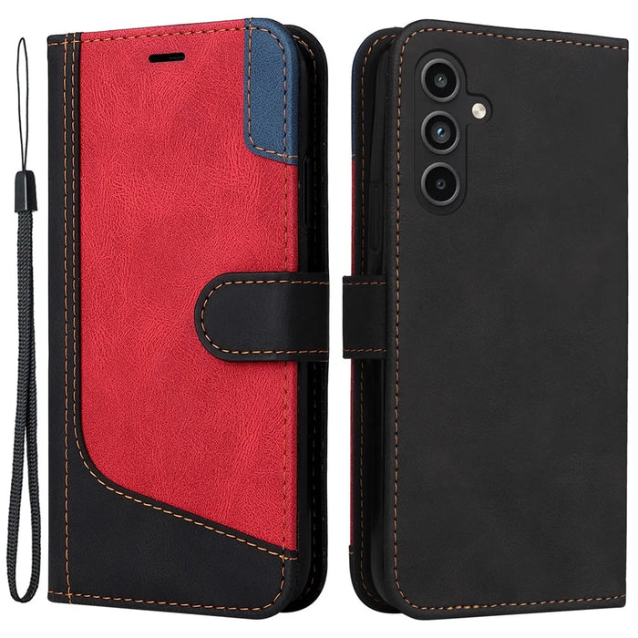 For Samsung Galaxy A15 5G Case Three-color Splicing Wallet Stand Phone Cover with Strap - Black - 1