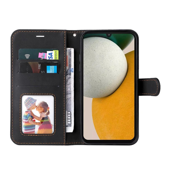 For Samsung Galaxy A15 5G Case Three-color Splicing Wallet Stand Phone Cover with Strap - Black - 2