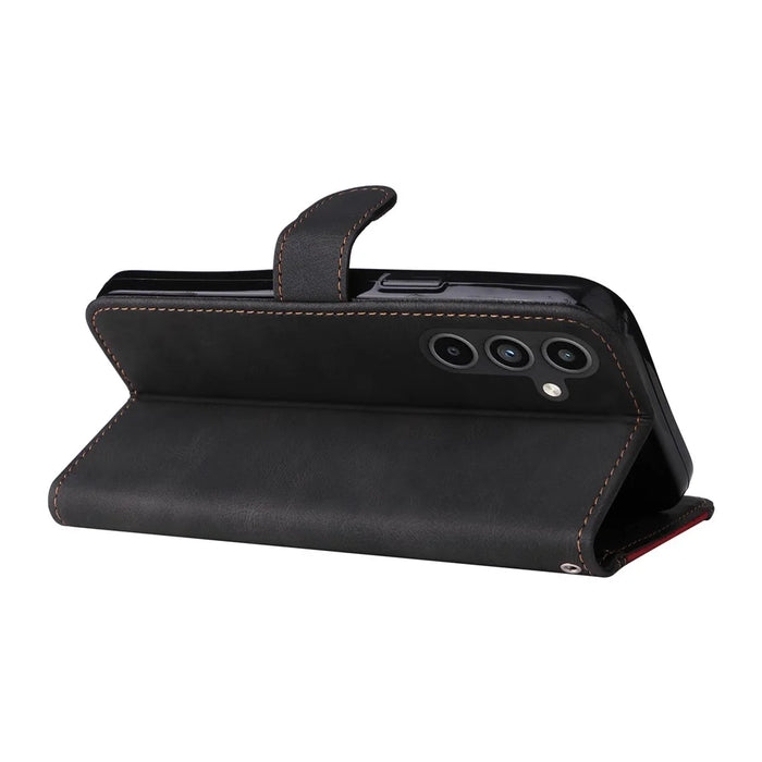 For Samsung Galaxy A15 5G Case Three-color Splicing Wallet Stand Phone Cover with Strap - Black - 4