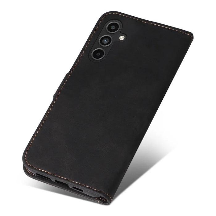 For Samsung Galaxy A15 5G Case Three-color Splicing Wallet Stand Phone Cover with Strap - Black - 5