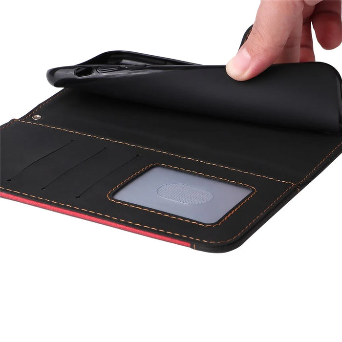 For Samsung Galaxy A15 5G Case Three-color Splicing Wallet Stand Phone Cover with Strap - Black - 7