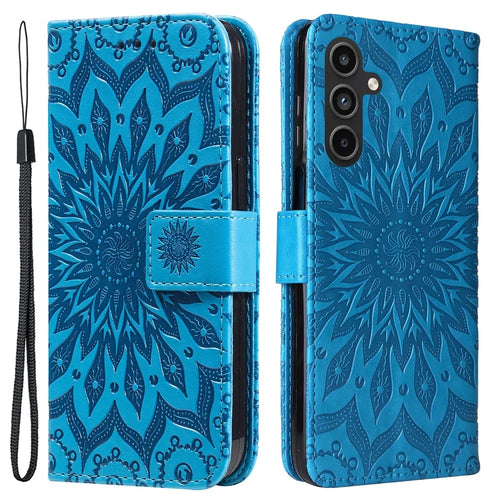For Samsung Galaxy A15 5G Phone Case Sunflower Imprinted Leather Wallet Stand Cover with Strap - Blue - 1