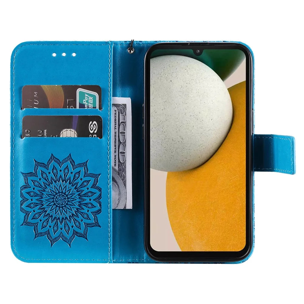 For Samsung Galaxy A15 5G Phone Case Sunflower Imprinted Leather Wallet Stand Cover with Strap - Blue - 2