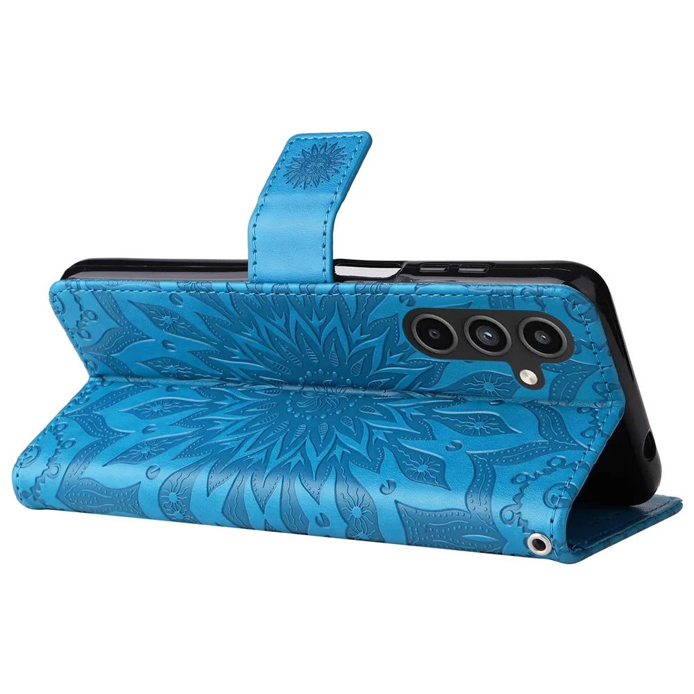 For Samsung Galaxy A15 5G Phone Case Sunflower Imprinted Leather Wallet Stand Cover with Strap - Blue - 4