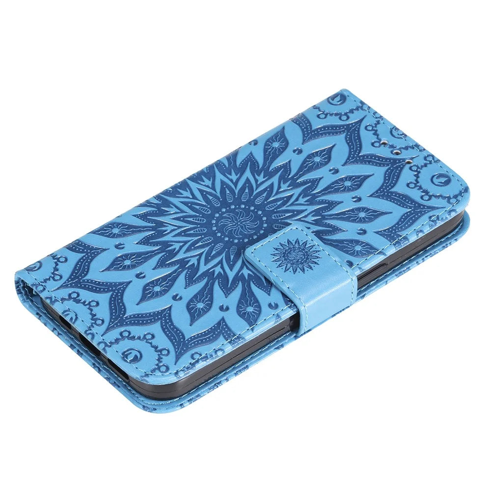 For Samsung Galaxy A15 5G Phone Case Sunflower Imprinted Leather Wallet Stand Cover with Strap - Blue - 5