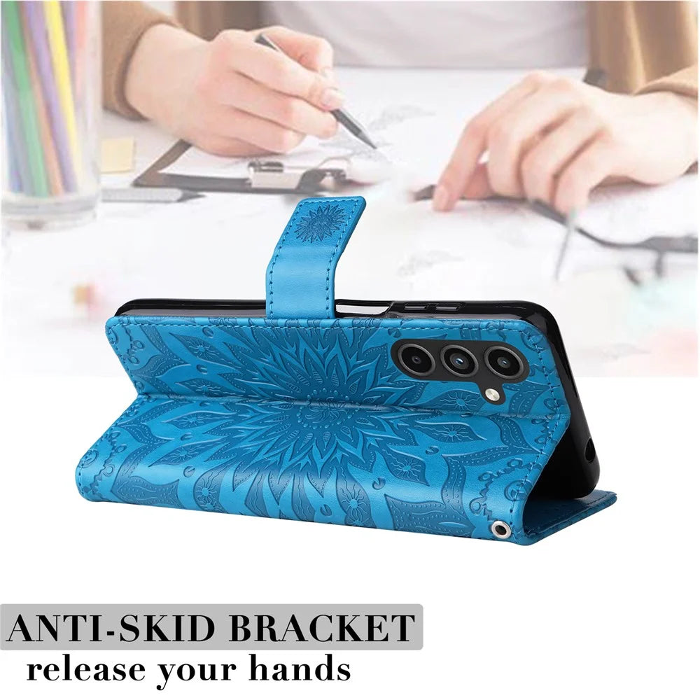 For Samsung Galaxy A15 5G Phone Case Sunflower Imprinted Leather Wallet Stand Cover with Strap - Blue - 6
