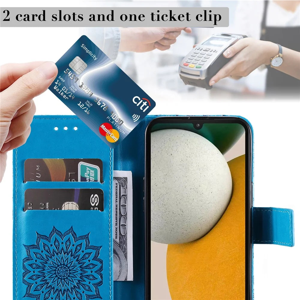 For Samsung Galaxy A15 5G Phone Case Sunflower Imprinted Leather Wallet Stand Cover with Strap - Blue - 7