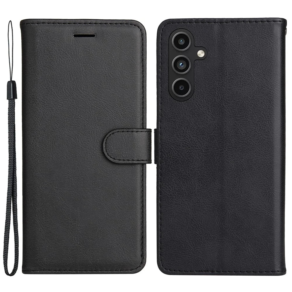 For Samsung Galaxy A15 5G Case Solid Color Leather Mobile Cover Wallet Stand with Strap - Black - 1