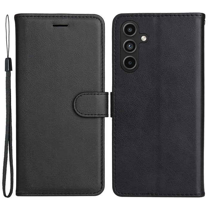 For Samsung Galaxy A15 5G Case Solid Color Leather Mobile Cover Wallet Stand with Strap - Black - 1