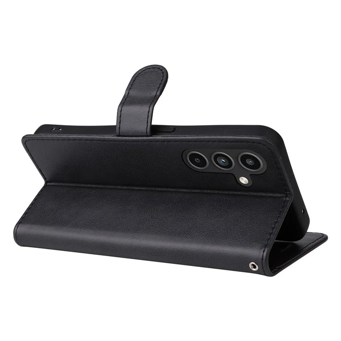 For Samsung Galaxy A15 5G Case Solid Color Leather Mobile Cover Wallet Stand with Strap - Black - 4
