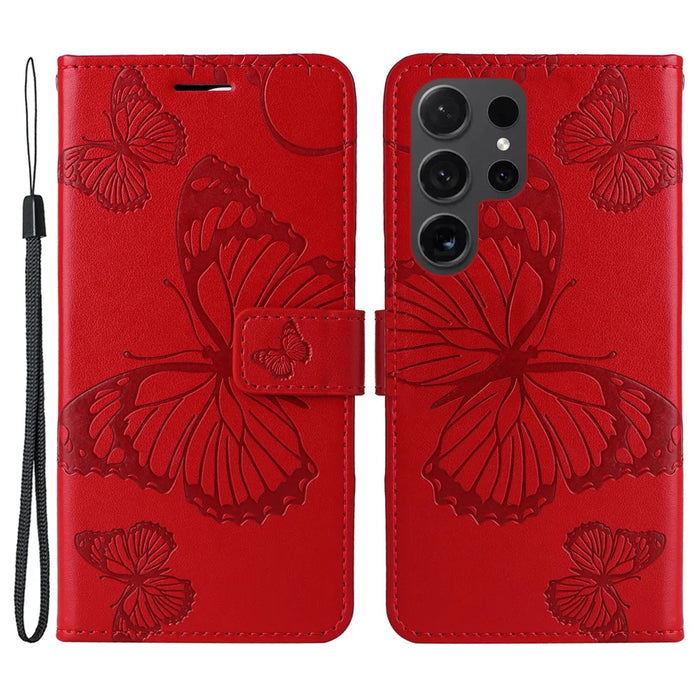 For Samsung Galaxy S24 Ultra Wallet Case Floral Butterfly Imprinted Leather Phone Cover Stand - Red - 1