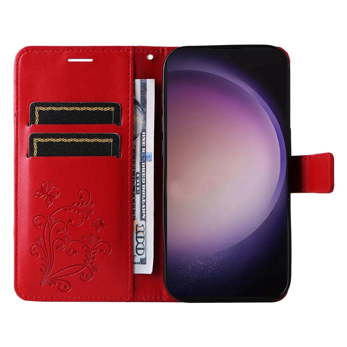 For Samsung Galaxy S24 Ultra Wallet Case Floral Butterfly Imprinted Leather Phone Cover Stand - Red - 2