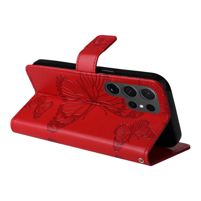For Samsung Galaxy S24 Ultra Wallet Case Floral Butterfly Imprinted Leather Phone Cover Stand - Red - 4