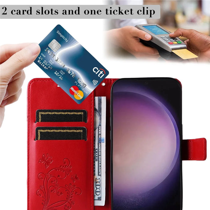 For Samsung Galaxy S24 Ultra Wallet Case Floral Butterfly Imprinted Leather Phone Cover Stand - Red - 7