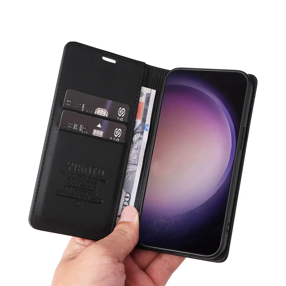 YIKATU YK-001 for Samsung Galaxy S24 Ultra Case PU Leather Magnetic Wallet Phone Cover - Black - 6